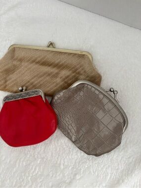 Trio of kiss closure coin purses - Red, Taupe & Beige